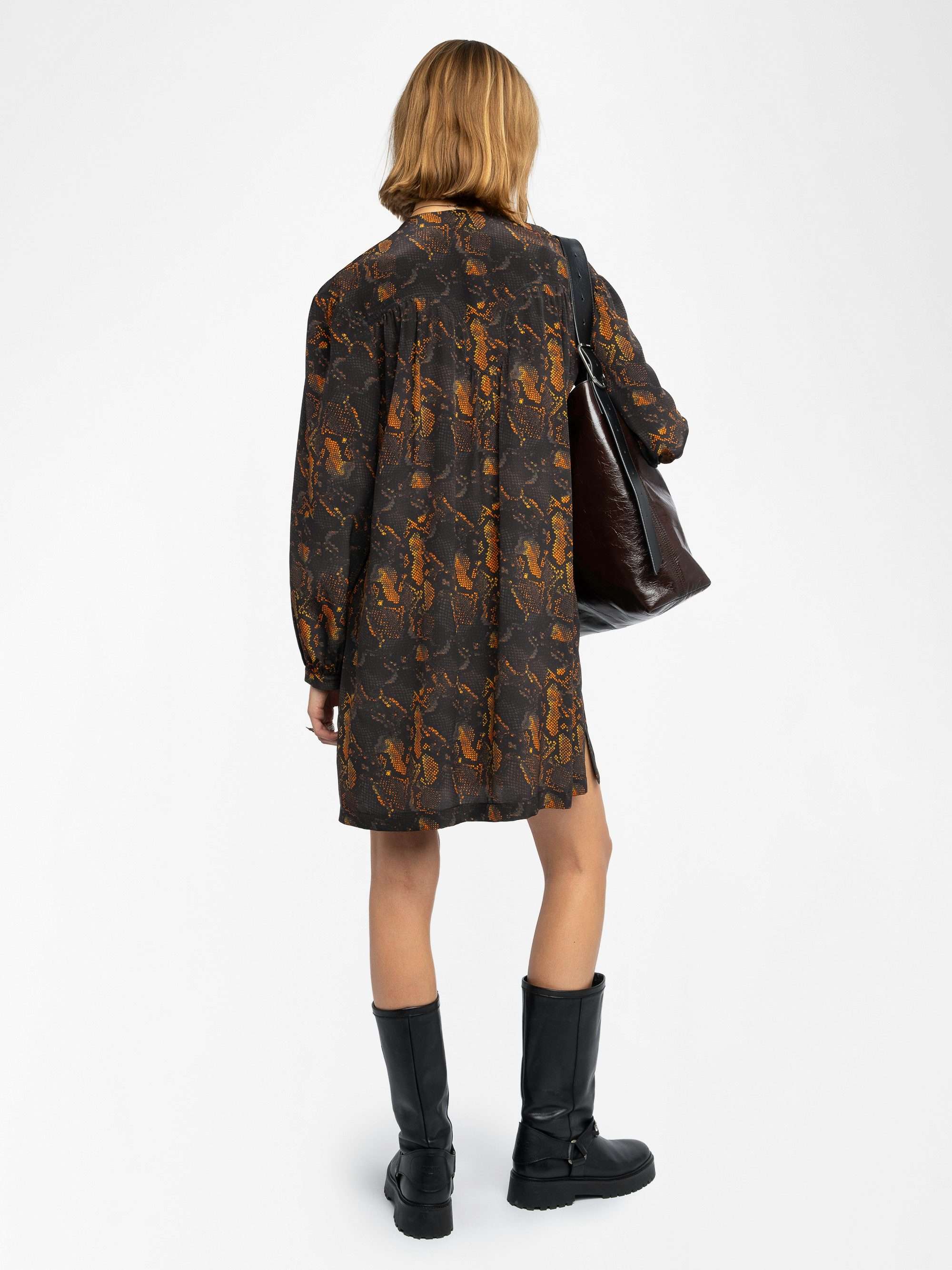 Ramela Dress 100% Silk - Short dress in printed silk, long balloon sleeves, deep neckline with lace-up.